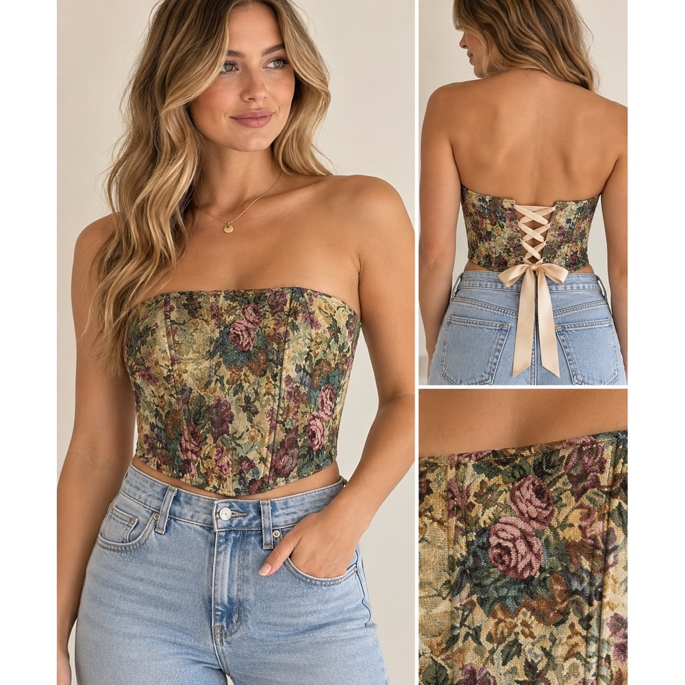 Tic Toc Floral Tapestry Corset Top Strapless Lace Up Back Pink Green Tan M